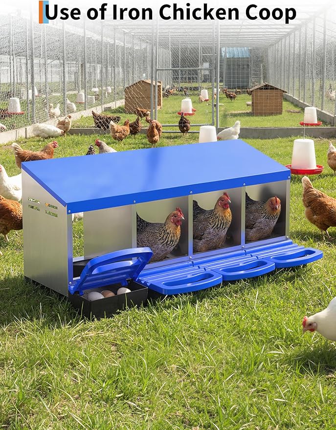 Chicken Nesting Boxes, 4 Hole Metal Rollaway Nest Box for Laying Hens with Cleanable Pull-Out Trays Wall Mount or Placed Design for Easy Egg Collection & Cleaning