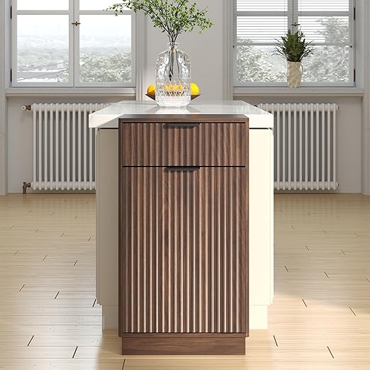 19 Inch Single 10 Gallon Wood Grain Tilt-Down Trash Can Cabinet with Storage Drawer,Wood Grooved Recycling Cabinet with Wave Texture Hidden Pull-Out Trash Can for Kitchen,Bathroom (Walnut-01)