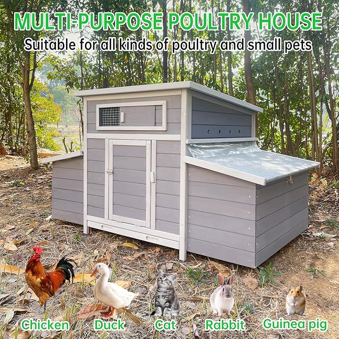 Chicken Coop, 58" Wooden Chicken Coop with 2 Sides Large Nesting Boxes for 4-6 Chickens, Poultry Hutch Rabbit Cage with No-Slip Ramp & Pull-Out Tray for Outdoor Farm Yard (Dark Grey)