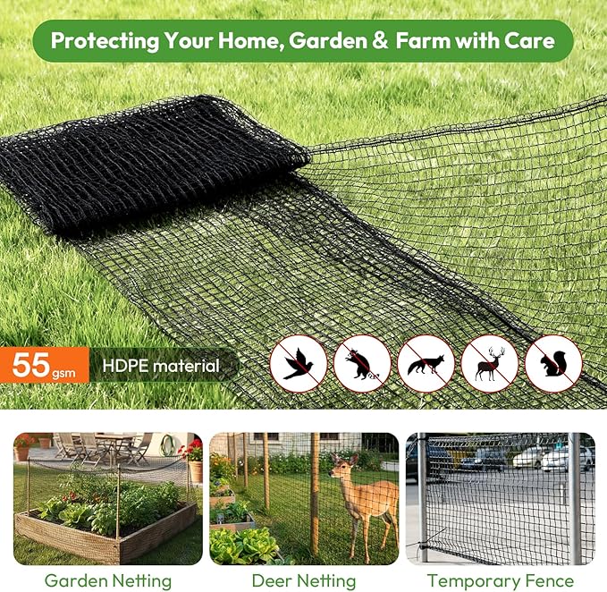 Deer Fence Netting 4ft x 75ft, Heavy Duty Plastic Mesh Deer Netting with Pre-Strung Reinforced Edge, Reusable Temporary Garden Fence, Animal Barrier for Yard, Poultry & Pets, Protect Plants & Crops