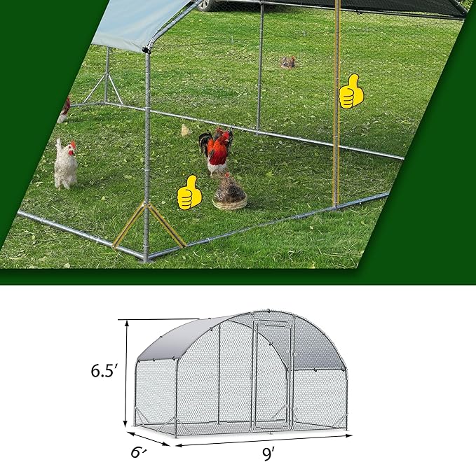 Large Metal Chicken Coop Upgrade Tri-Supporting Wire Mesh Chicken Run,Chicken Pen with Water-Resident and Anti-UV Cover,Duck Rabbit House Outdoor(9'W x 6.5'L x 6.5'H)