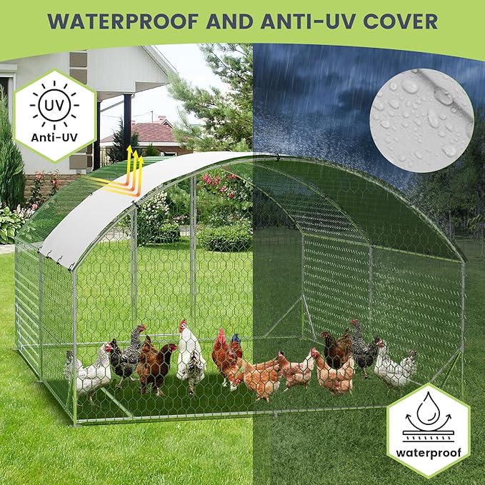 Large Metal Chicken Coop, Walk-in Poultry Cage, Chicken Run Pen House with Reinforcement & Waterproof & Anti-Ultraviolet Cover Chicken Coop Run with Lockable Doors for Outdoor 9.8 x 13.1 x 6.6ft