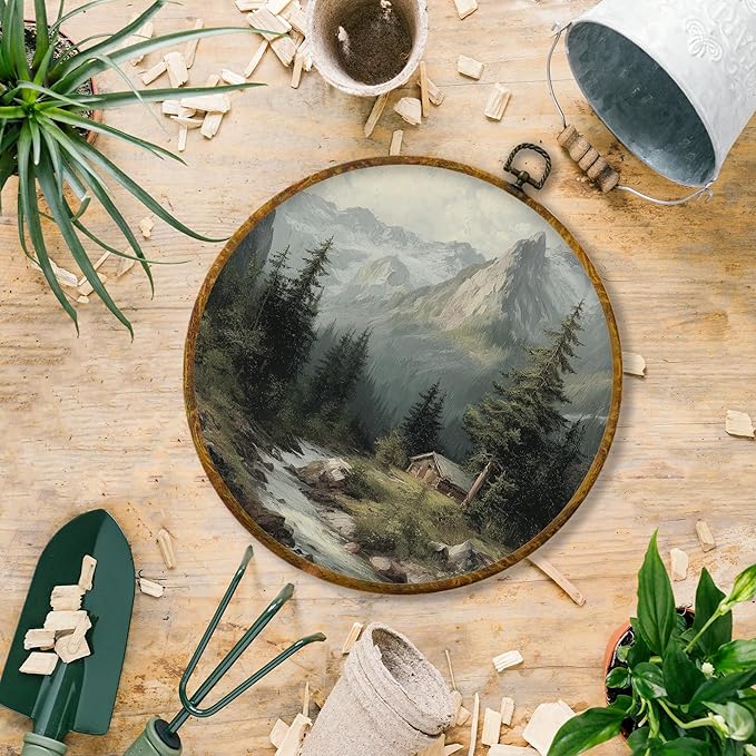 Hiuwevt Rustic Mountain Landscape Round Wall Art Decor, Vintage Forest Mountain Framed Canvas Prints, Nature Farmhouse Round Wall Hanging Decor for Home Bedroom Living Room Decorations, 10x10 Inches