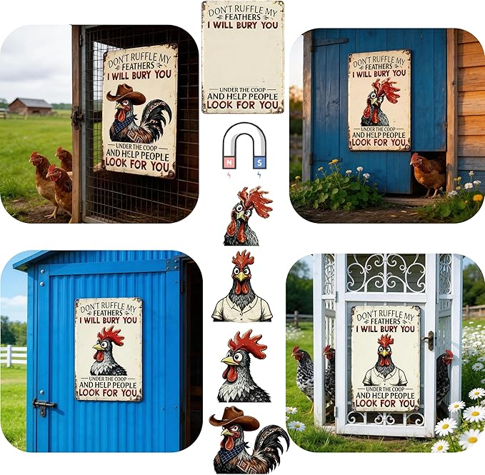 Funny DIY Magnetic Attraction Design,Vintage Chicken Decor Metal Sign, Funny Farmhouse Kitchen Wall Art, Unique Home Decor Gifts for Women, Farmhouse Style Enthusiasts, Retro Chicken Coop Accessories,8*12 Inch (Beige)
