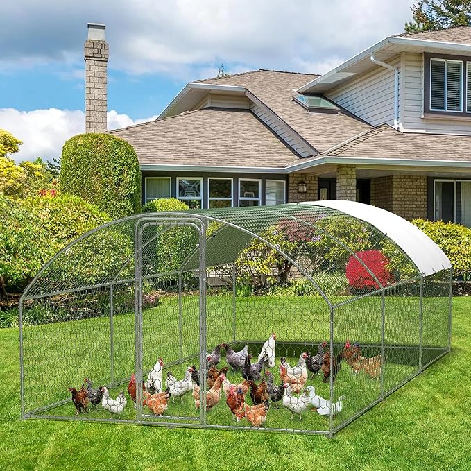 GarveeHome Large Metal Chicken Coop, Dome Roof Walk-in Poultry Cage, Chicken Runs for Yard with Waterproof and Anti-UV Cover, Chicken Pens for Outside Backyard Farm, 19.7 x 9.8 x 6.6 FT