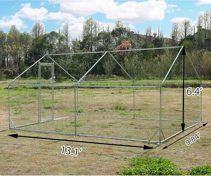 Large Metal Chicken Coop Walk-in Poultry Cage Hen Run House Spire Shaped Cage with Waterproof and Anti-Ultraviolet Cover for Outdoor Backyard Farm Use (13.2’ L × 9.84’ W)