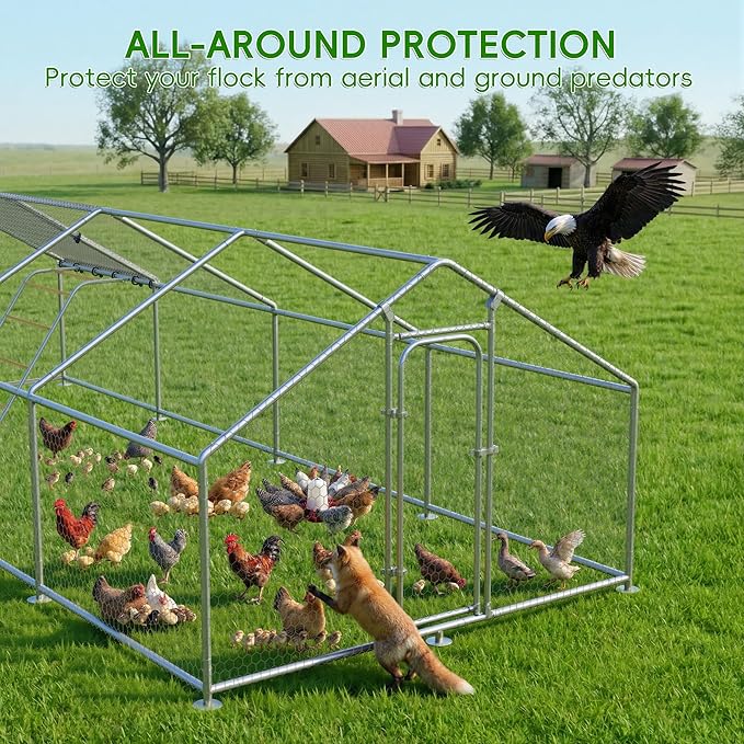 Large Metal Chicken Coop with Roosting Perch, Waterproof and UV Protection Cover, Chicken Run Outdoor Walk-in Cage Chicken Rabbit Duck Hen House for Yard Farm Use Spire Roof (10’ W x 26.2’ L x 6.4’ H)