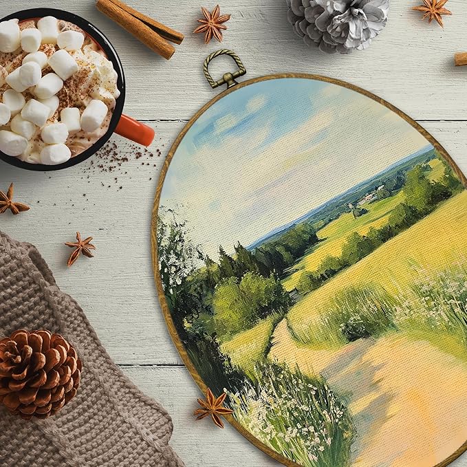 CUANFDDSF Vintage Country Landscape Oval Wall Art Decor, Farmhouse Countryside Wall Hanging Decor, Rustic Natural Cottagecore Scene Framed Canvas Prints for Home Bedroom Living Room, 8.6x11.4 Inch