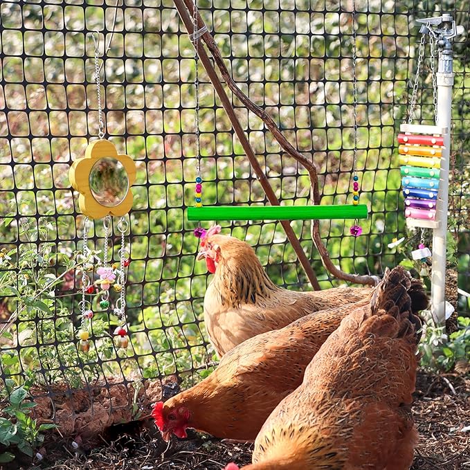 9 Pack Chicken Toys for Coop Accessories, Chicken Enrichment Toys with 2 Swing, 1 Wood Stand, 1 Xylophone, 1 Mirror, 2 Vegetable Net Bag, 2 Vegetable Fruits Hanging Fork