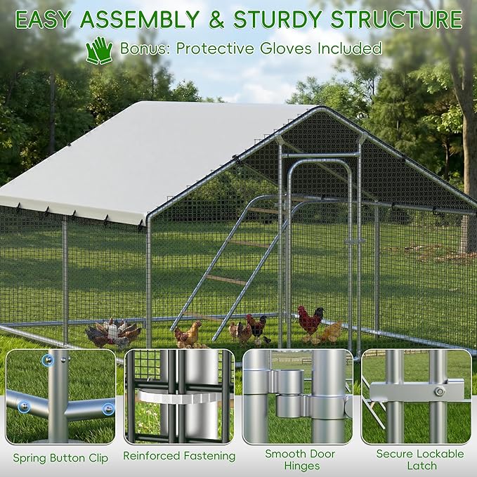 Large Metal Chicken Coop Run with Roosting Perch, Outdoor Poultry Cage with Heavy Duty Wire Mesh and UV-Resistant Cover for Chickens Use, Spire Roof (8.9'W x11.8'L x 6.6'H)
