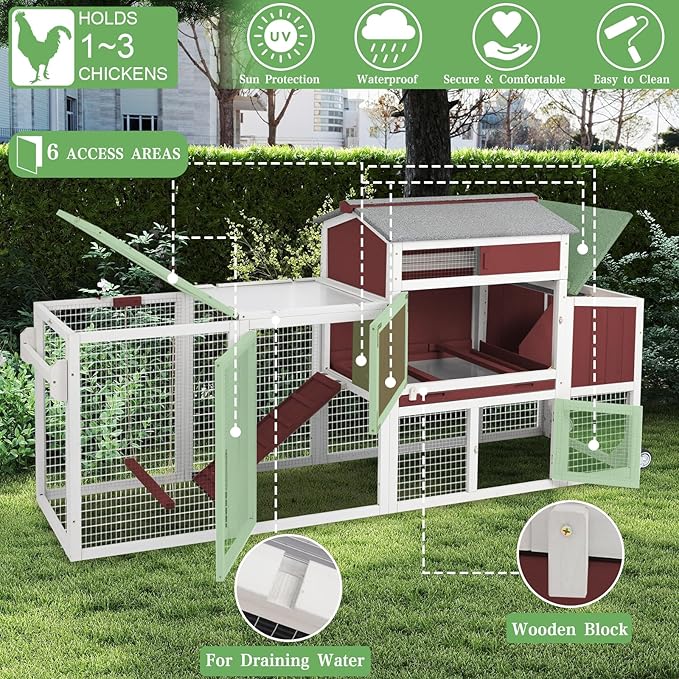 Chicken Coop Mobile Wooden Hen House with Nesting Box,83.2" L Outdoor Chicken House with 2 Wheels and Removable Tray,Fir Wood Chicken Tractor with 6 Ventilation Door and 1 Ramp,Red