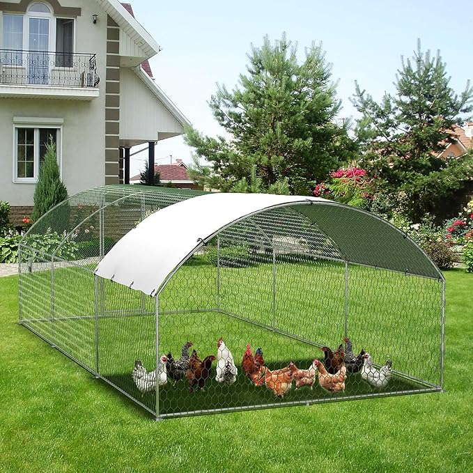 Large Metal Chicken Coop, Walk-in Poultry Cage, Chicken Run Pen House with Waterproof & Anti-Ultraviolet Cover Chicken Coop Run with Lockable Doors for Outdoor and Backyard 9.8 x 19.7X 6.6ft