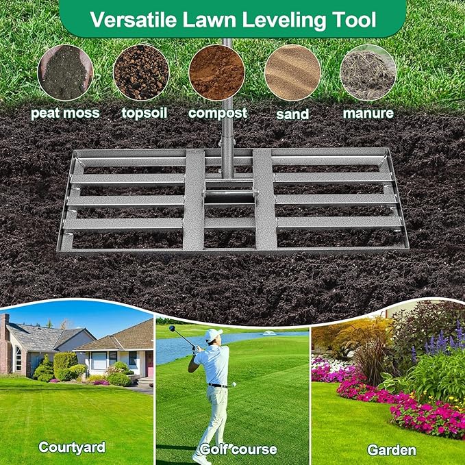 Lawn Leveling Rake, 30"x10" Heavy Duty Leveling Rake for Soil, Sand, Compost, Gravel, Steel Lawn Leveler with Adjustable Handle, Level Yard Tool for Backyard, Garden, Farm, Golf Course