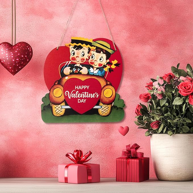 Laffact Vintage Valentine Door Sign - 2Pcs Red Heart Boy Girl Happy Valentine’s Day Door Sign Rustic Farmhouse Hanging Wooden Signs Wall Plaque Retro Valentine Sweet Decor for Home Front Door Window