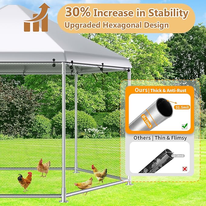 Large Metal Chicken Coop Run, 13 ft Hexagon x 8.6 ft H Chicken Runs for Yard with Cover, Outdoor Walk-in Chicken Pen for 12–20 Hens, Anti-Rust Poultry Cage with Stable Wind-Resistant Design