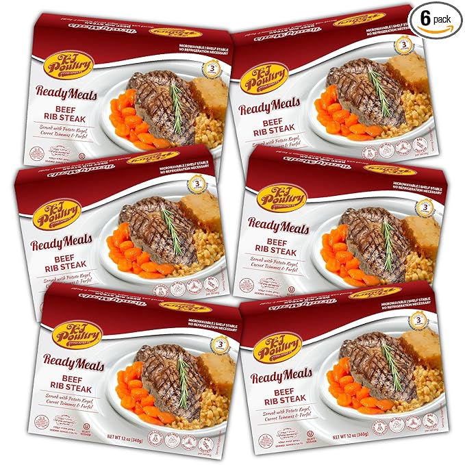 KJ Poultry Kosher Ready Meals - Beef Rib Steak & Kugel, MRE Meat Meals Ready to Eat, Shabbat Food (6 Pack) Prepared Entree Fully Cooked, Shelf Stable Microwave Dinner Travel Military Camping Survival