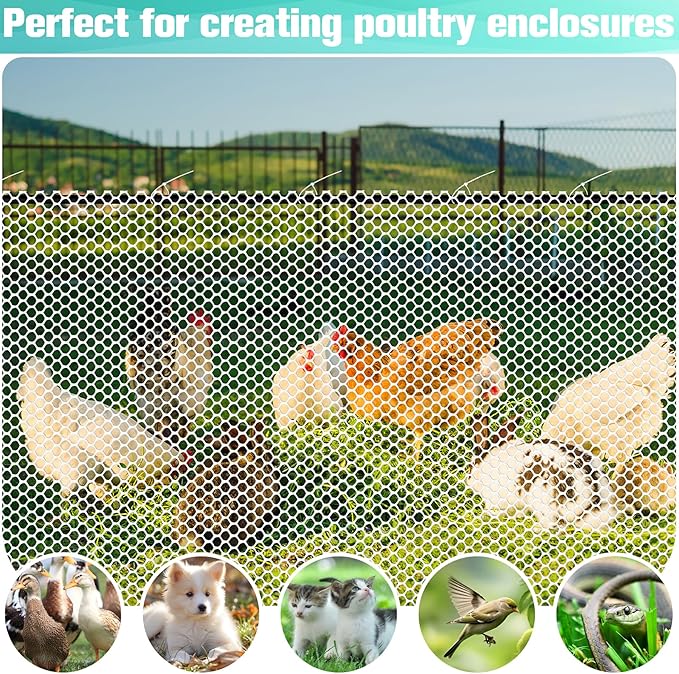 Plastic Mesh Fence Sheet 15.7IN x 10FT - 0.3IN Opening Plastic Chicken Wire Netting Roll Durable for Dogs, Poultry, Puppy, Garden Snake Barrier with 50 Pcs Zip Ties - White