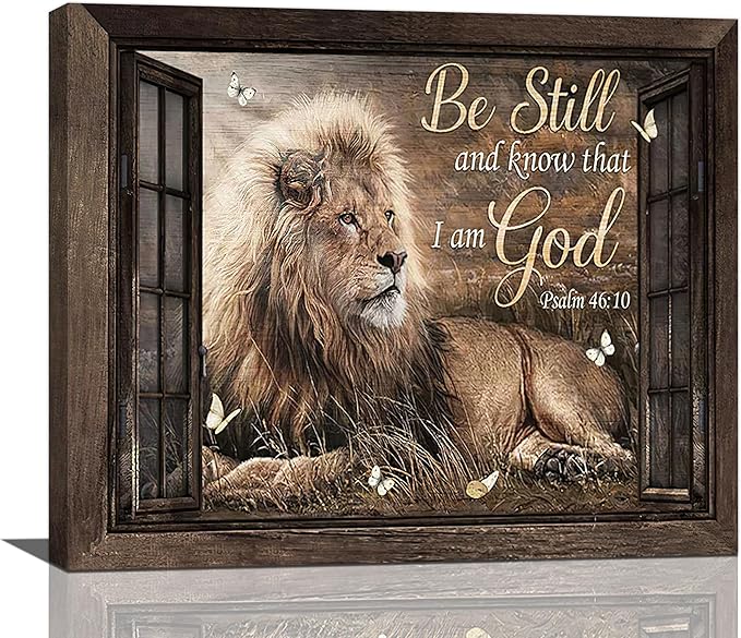 Lion Wall Art Rustic Farmhoues Christian Lion Wall Decor Lion Of Judah Pictures Canvas Prints Artwork Inspirational Psalm Scripture Gifts Home Decorations For Bathroom Kitchen Office Framed 24"x20"