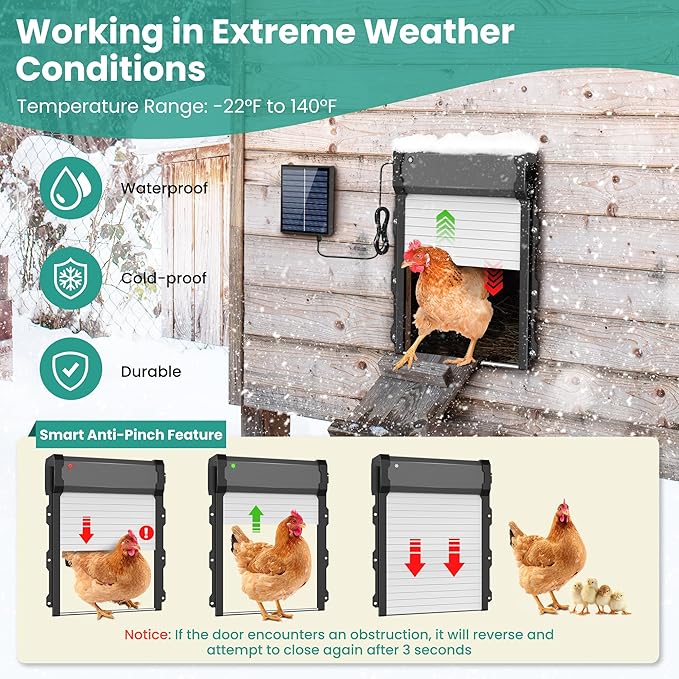 Automatic Chicken Coop Door with Timer & Light Sensor, 4 Modes Automatic chicken door with Remote Control & Anti-pinch Function, Solar Chicken Coop door with External Power Supply Connection, Outdoor