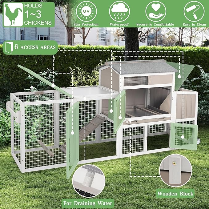 Chicken Coop Mobile Wooden Hen House with Nesting Box,166.4" L Outdoor Chicken House with 4 Wheels and Removable Tray,Fir Wood Chicken Tractor with 12 Ventilation Door and 2 Ramps,Grey