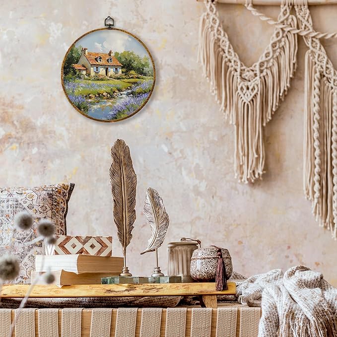 shiviody Rustic Country Canvas Wall Art Decor, Countryside Wildflower Landscape Wall Decor, Wild Fields Floral Round Hanging Frame Prints Decorations for Farmhouse Living Room Bedroom 10"x10"