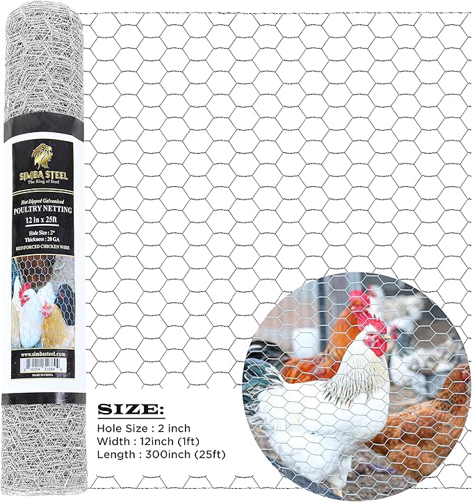 Chicken Wire 12 in x 25 FT x 2” Mesh x 20GA | Poultry Wire Netting | Hot Dipped Galvanised | Hexagonal Galvanized Mesh for Chicken Coop, Rabbit Cage, Fence Barrier PM12x25x2