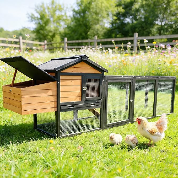 Large Wooden Chicken Coop Outdoor Hen House with Nesting Box，Walk-in Poultry Cage with Secure Locks, Metal Mesh Run for Backyard Farm Use (Black+Brown 106.3")