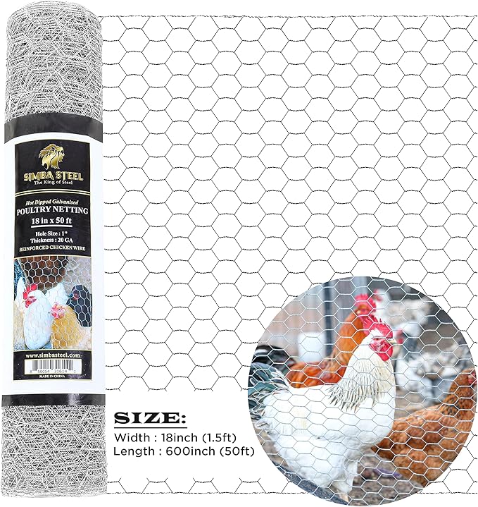 Chicken Wire 18 in x 50 FT x 1” Mesh x 20GA | Poultry Wire Netting | Hot Dipped Galvanised | Hexagonal Galvanized Mesh for Chicken Coop, Rabbit Cage Fence(PM 18 x 50)