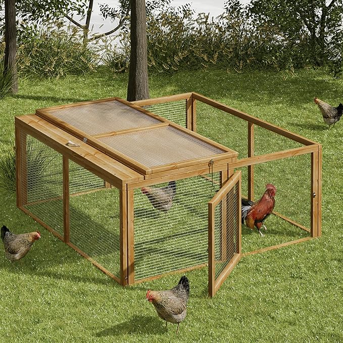 MoNiBloom Foldable Chicken Run Wood Chicken Coop Rabbit Hutch No Assembly Required Indoor/Outdoor Small Animal Nesting Box Habitat Enclosure Spacious Pet Playpen, 45.5" L x 42.5" W x 20" H, Natural