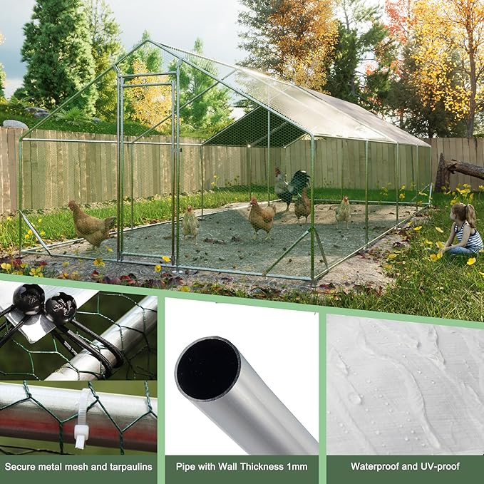 Large Chicken Coop,Metal Chicken Run for Yard with Door,Outdoor Galvanized Wire Poultry Chicken House with Waterproof and Anti-UV Cover,Duck Rabbit Cage (10' L x 26' W x 6.56' H)