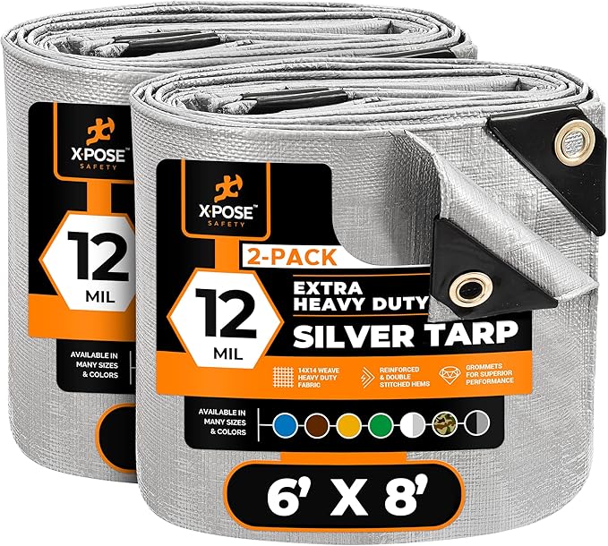 Heavy Duty Silver Poly Tarp 6' X 8' (2-Pack) - Multipurpose Protective Cover - Durable, Waterproof, Weather Proof, Rip and Tear Resistant - Extra Thick 12 Mil Polyethylene - by Xpose Safety