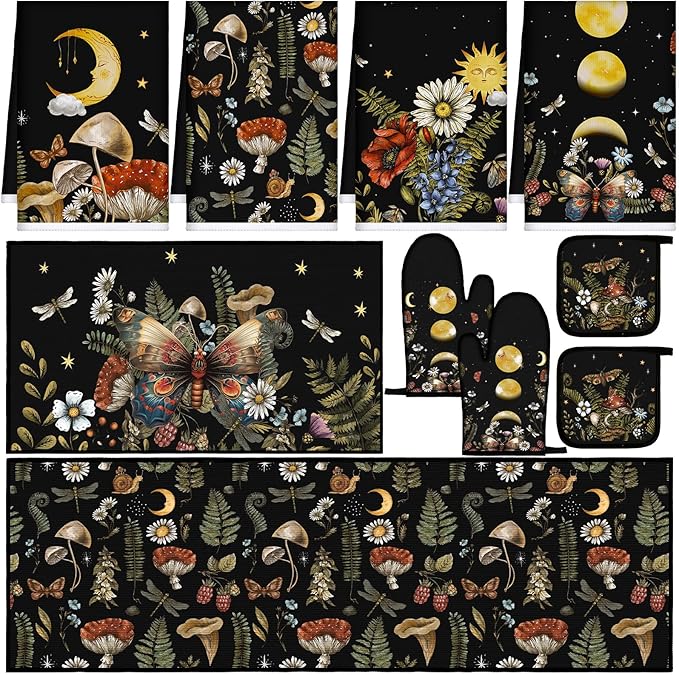 10 Pcs Kitchen Dish Towels Rugs Oven Mitts and Pot Holders Set Farmhouse Kitchen Decor Set for Women Mom Daughter Gift Cooking Baking Grilling(Rustic Color,Rustic Bohemia)