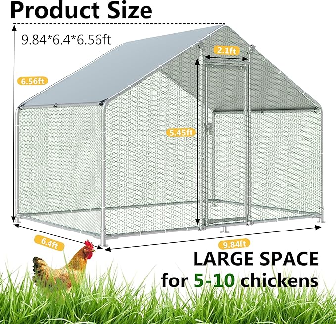 HITTITE Large Metal Chicken Coop with Run, 9.84 x 6.4 x 6.56 ft Walk in Poultry Cage Chicken Run Pen, Outdoor Chicken Runs for Yard with Waterproof & Anti-UV Cover
