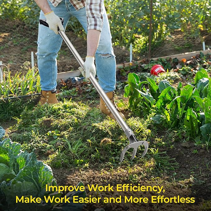 Manual Garden Rake Heavy Duty, Adjustable Handle 3 Tines Garden Cultivator Rake with D-Type Grip for Digging, Weeding, Loosening,Ergonomic Garden Tool