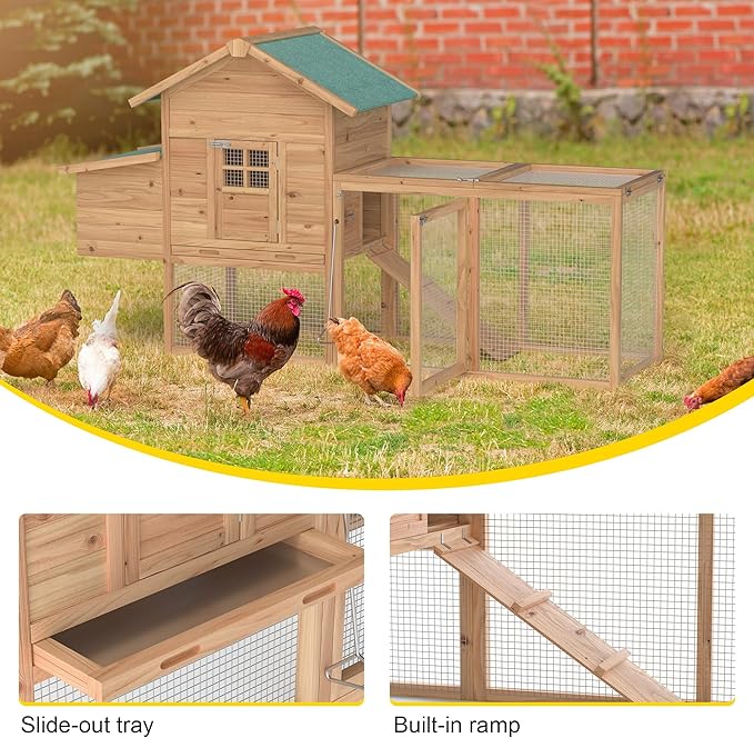 Outdoor Chicken Coop Wooden Hen House Poultry Pet Hutch Run Cage w/Waterproof Asphalt Roof, Ramp, Nesting Box, Wire Fence (120")
