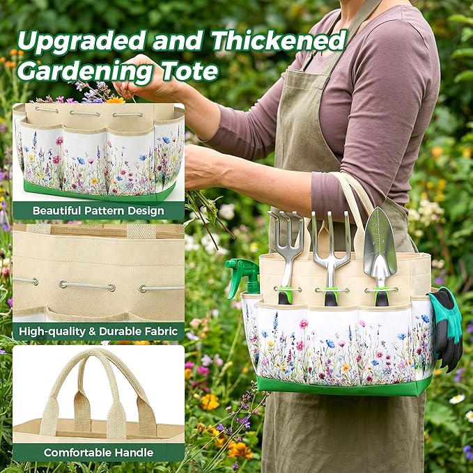 Gardening Tools 10-Piece, Heavy Duty Garden Tool Set with Fashion and Durable Garden Tools Organizer Handbag, Rust-Proof Gardening Hand Tools Weeding Kit, Ideal Gardening Gifts for Women