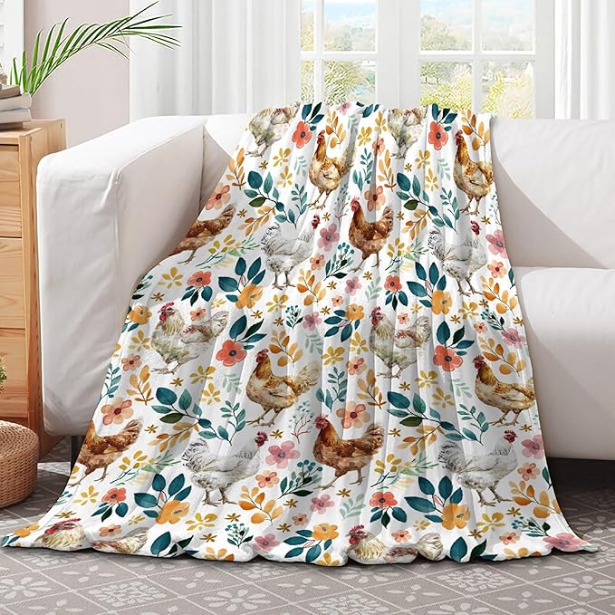 Chicken Blanket for Farmer Lover, Floral Chicken Gifts for Women, Ultra-Soft Rooster Hen Throw Blanket for Couch Bed Living Room, Farmhouse Decor Farm Chicken Lovers Gifts, 30"x40"-Toddlers/Pets Size