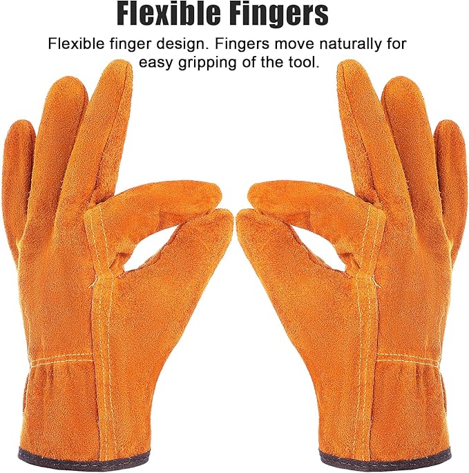 12 Pairs Leather Work Gloves Cowhide Leather Gardening Gloves with Reinforced Palm and Elastic Band, Thick Leathers Glove for Men Women Construction, Wood Cutting, Driving, Automotive Repair (Yellow)