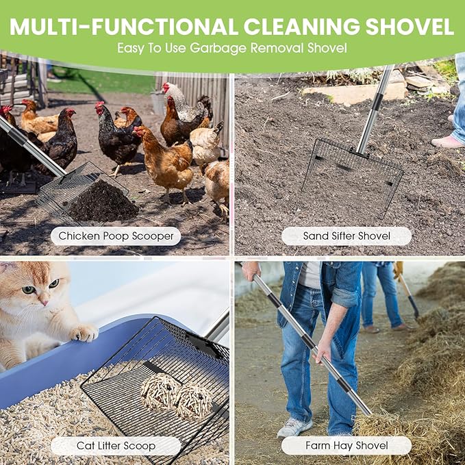 4-in-1 Chicken Poop Scooper & Rake, 15" Large Metal Sifting Shovel Poop Scooper for Sand, Adjustable Stainless Steel Handle 22"-65" for Coop Cleaning,Farms,Courtyards,Poultry Houses