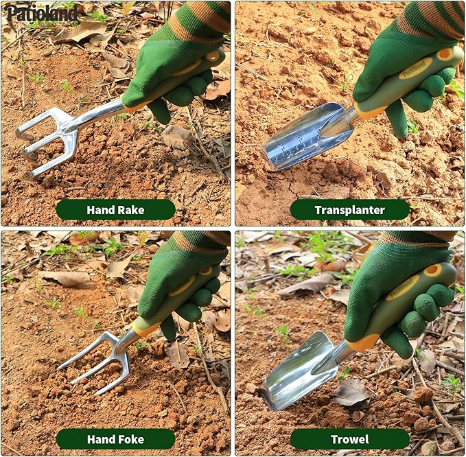10-Piece Garden Tool Set, Green Gardening Hand Tools Kit with Non-Slip Handles, Heavy Duty Rust-Proof Aluminum Tools, Organizer Tote Bag & Gardening Gloves, Ideal Gardening Gifts for Men and Women
