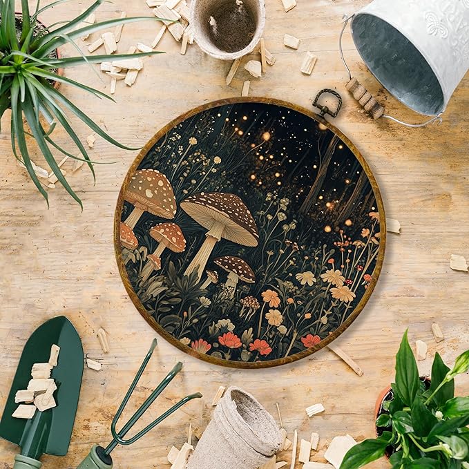 Hiuwevt Mushroom Round Wall Art Decor, Mystical Magical Enchanted Mushroom Forest Framed Canvas Prints, Vintage Fantasy Dark Moody Round Wall Hanging Decor for Bedroom Home Decorations, 10x10 Inches