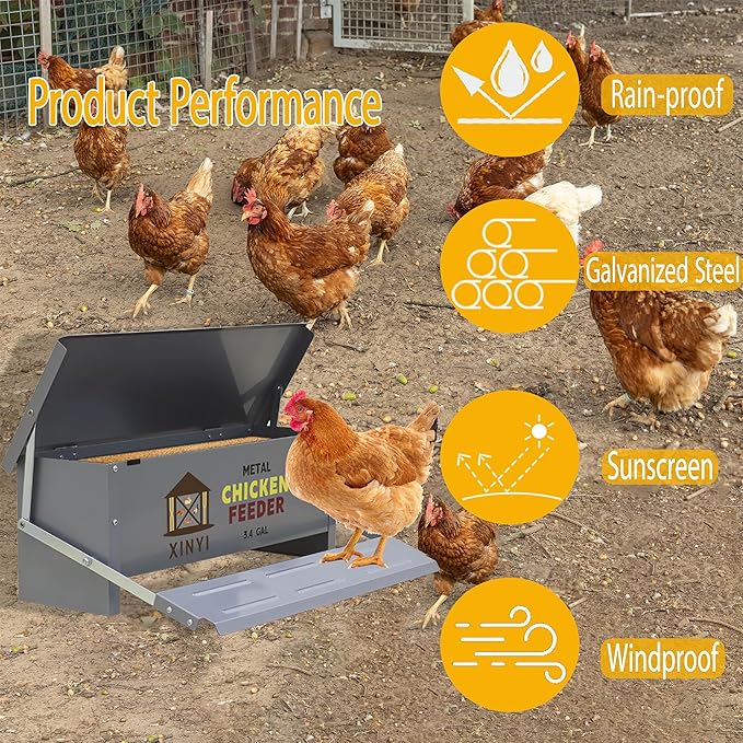 XINYI Chicken Treadle Feeder,25 Lbs Metal Treadle Feeder, No Waste & Rodent Proof Chicken Feeder with Weatherproof Lid, Suitable for Bantams, Poultry, Pheasants - 3.4Gallon Capacity