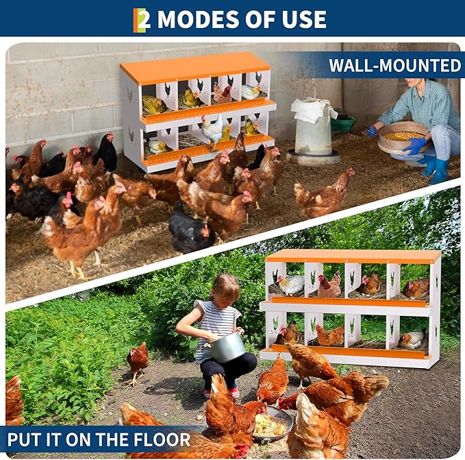 Chicken Nesting Boxes, 8-Hole Roll Away Nest Box for Chicken Coop, Metal Egg Laying Box with Perch & Lid Cover to Protect Eggs, Rollout Egg Collection, Vented Holes Orange