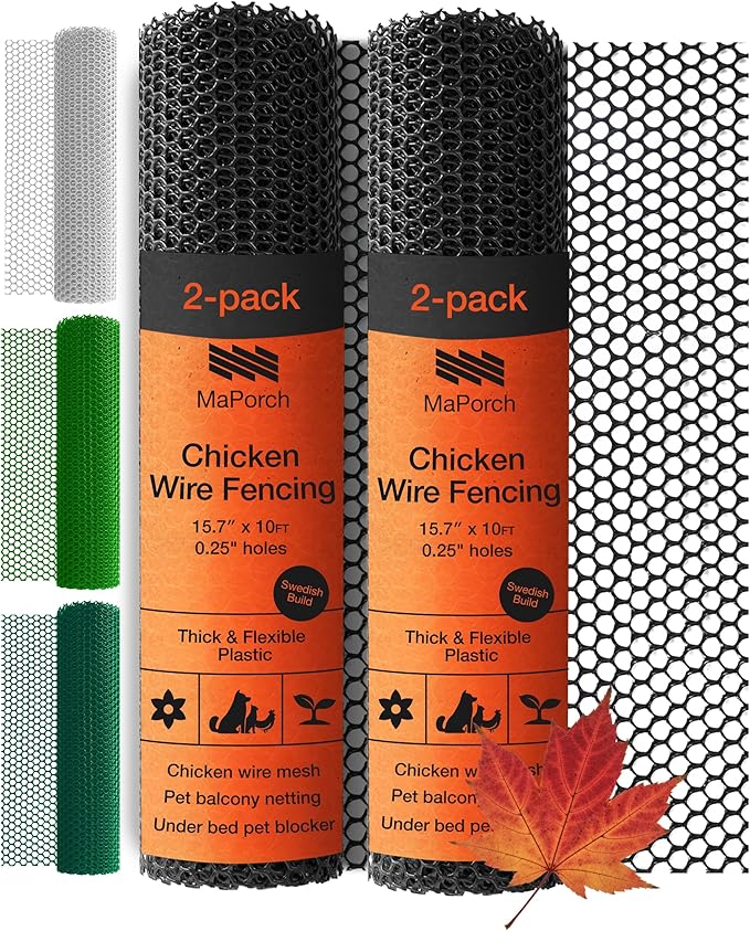 MaPorch Plastic Chicken Wire Mesh Fence - Black Mesh, 15.7 in x 10 ft - Quick-Install Chicken Wire Fencing - Plant Protectors from Animals - Durable Garden Netting - Pet & Poultry Netting (2-Pack)