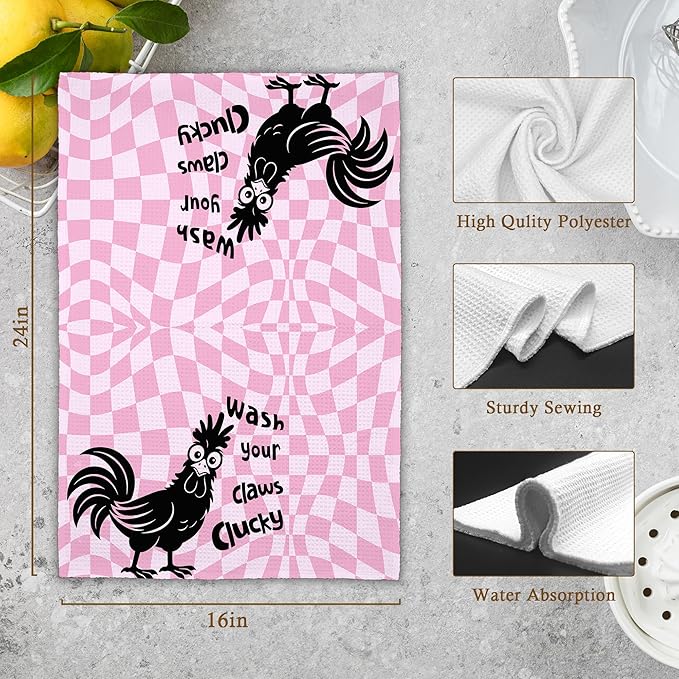 Pink Funny Chicken Rooster Bathroom Kitchen Towels, Wash Your Claws Hand Towel for Girly Room, Farmhouse Cock Gifts for Farmer, Trendy Preppy Checkered Dish Towels Decor for Dorm Home 16x24in