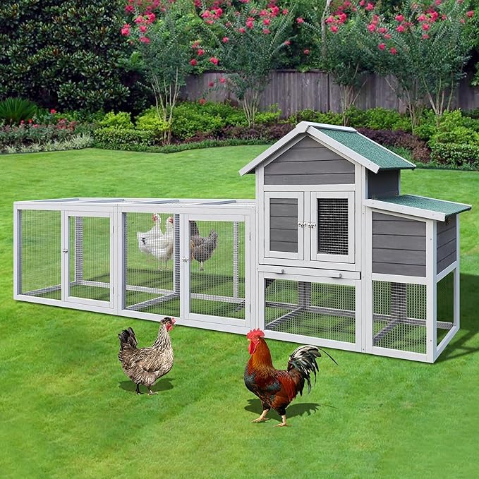 KEIKI 122＂Large Wooden Chicken Coop with Run and Nesting Box, Outdoor Hen House, Wooden Poultry Cage Wire Fence Poultry Cage