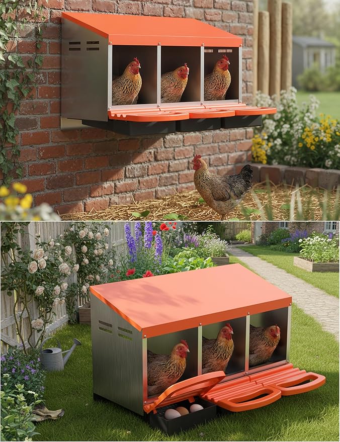Chicken Nesting Box 3 Hole, Galvanized Steel Nest with Roll Away Egg Collection & Swing Perch, Easy-Clean Laying Box for Hens, Heavy Duty Design for Chicken Coop
