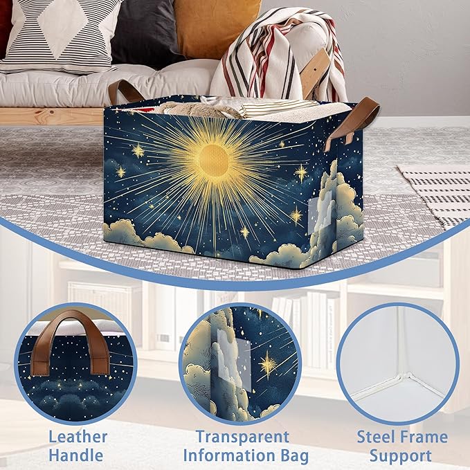 Sun Stars Storage Basket with Handles,Collapsible Rectangle Organizer Bin for Room Decoration Books Box Baskets 17x11.5x10Inch