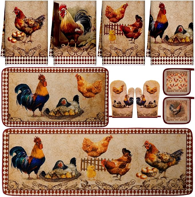 10 Pcs Rooster Chicken Kitchen Dish Towels Rugs Oven Mitts and Pot Holders Sets Farmhouse Rustic Rooster Kitchen Decor Set for Cooking Baking Grilling Women Mom Gift(Brown)