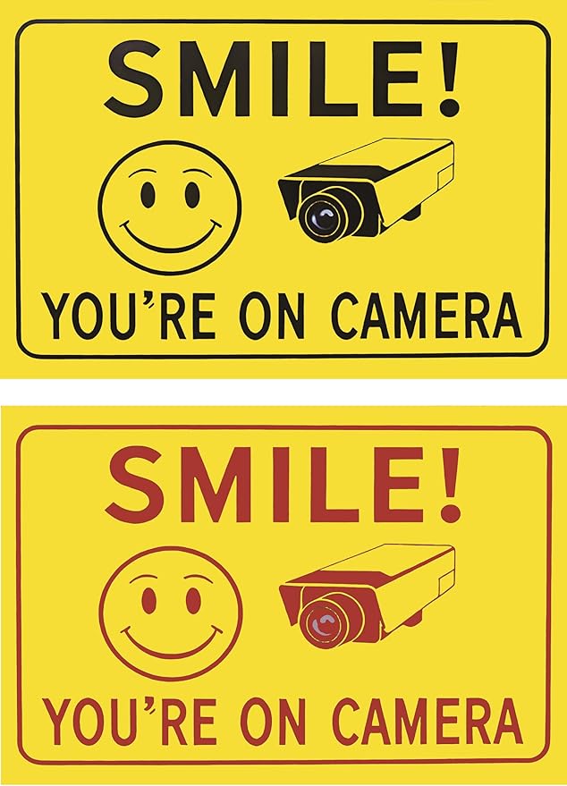 2-Pack Smile You're On Camera Metal Signs - 8x12 Inch Rust-Free Weather-Resistant Wall Decor with Pre-Drilled Holes, Humorous Surveillance Signs for Home, Bar, Man Cave, Garage, Farm, Outdoor & Indoor